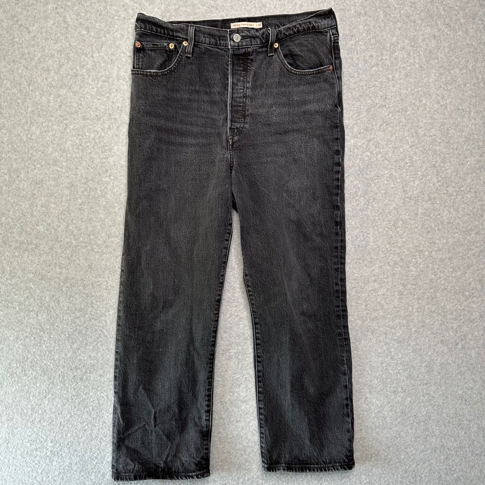 Levis Premium Ribcage Straight Ankle Jeans Faded Black High Rise Button Fly 32